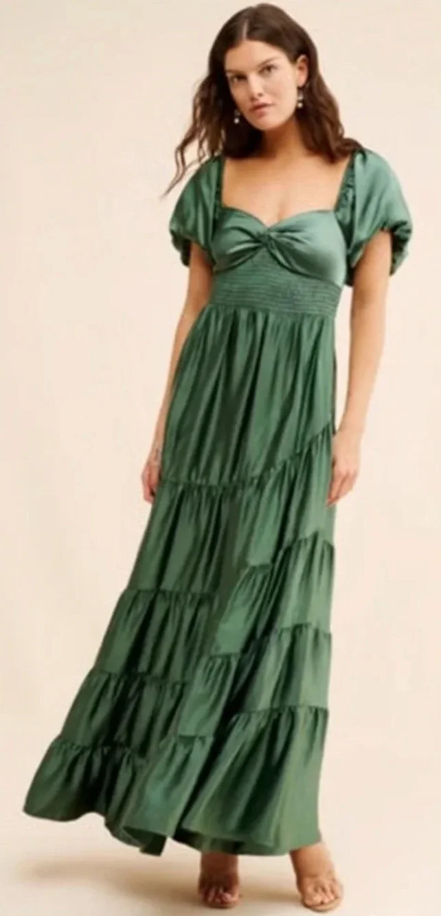 NEW FREE PEOPLE GREEN SUNDRENCHED SILKY MAXI DRESS SZ M
